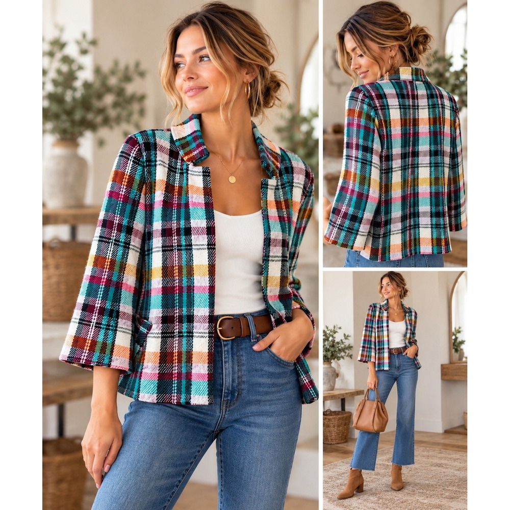 Anthropologie Blazer  A+ Teal Multi Rosetta Cropped Plaid Knit Jacket Small